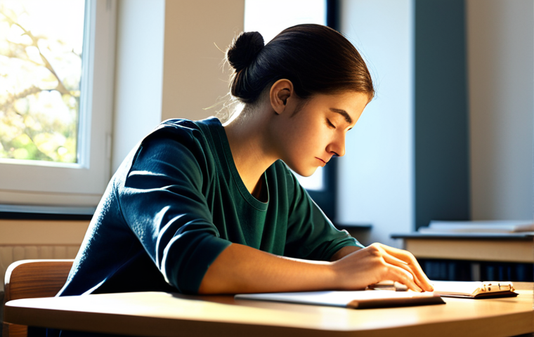 A focused young adult, fully clothed in modest, comfortable attire, sitting calmly at a clean, sunlit desk in an organized study room. The subject's eyes are gently closed, embodying mental preparation and tranquility before an important exam. The atmosphere is serene and conducive to deep thought. Professional photography, perfect anatomy, correct proportions, natural pose, well-formed hands, proper finger count, natural body proportions, safe for work, appropriate content, modest clothing.