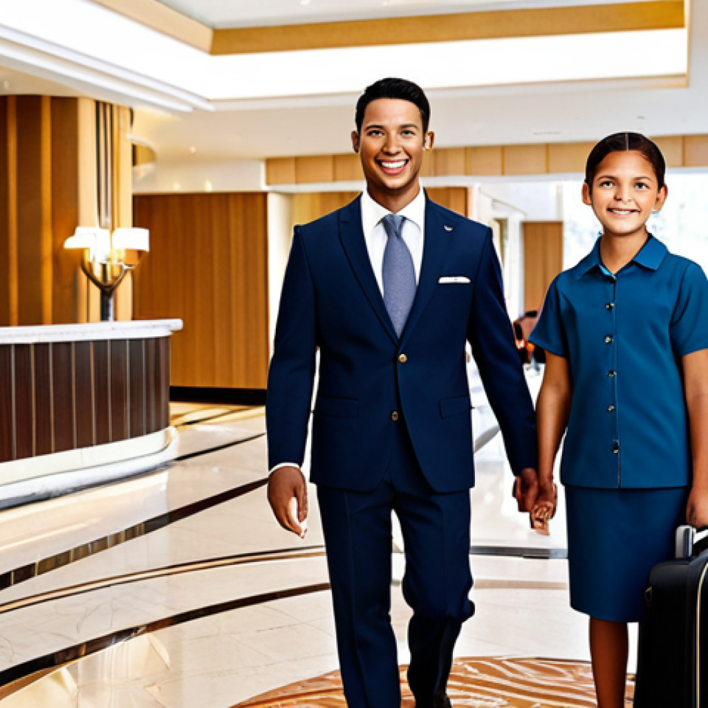 **
"A smiling hotel concierge, professional and helpful, assisting a family in the brightly lit lobby of a modern hotel. The family is fully clothed in modest travel attire. Background includes luggage carts and tasteful decor. Safe for work, appropriate content, fully clothed, professional, perfect anatomy, natural proportions, family-friendly atmosphere, high-quality rendering."
**