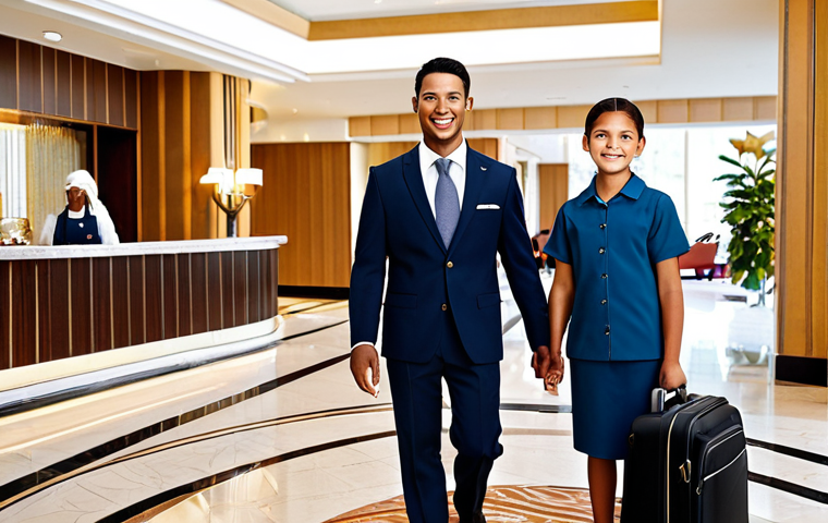 **
"A smiling hotel concierge, professional and helpful, assisting a family in the brightly lit lobby of a modern hotel. The family is fully clothed in modest travel attire. Background includes luggage carts and tasteful decor. Safe for work, appropriate content, fully clothed, professional, perfect anatomy, natural proportions, family-friendly atmosphere, high-quality rendering."
**