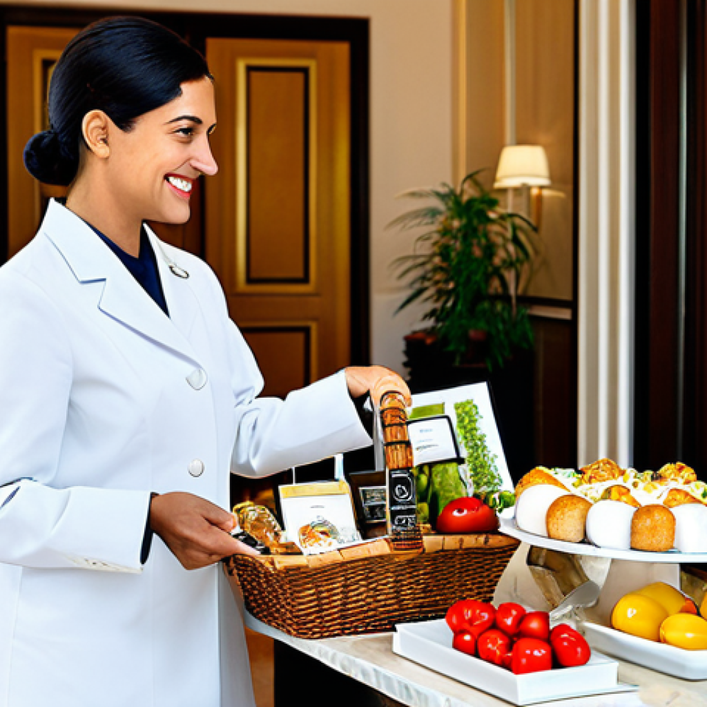 Personalized Hotel Service**
"A professional hotel concierge in a stylish, yet modest uniform, warmly greeting a guest in a luxurious Italian hotel lobby. The concierge is handing the guest a personalized welcome gift basket with local Italian delicacies. The scene is bright and inviting, showcasing the attention to detail. Fully clothed, appropriate content, safe for work, professional photography, perfect anatomy, natural proportions, family-friendly."
**