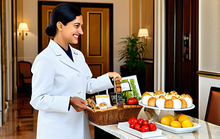 Personalized Hotel Service**
"A professional hotel concierge in a stylish, yet modest uniform, warmly greeting a guest in a luxurious Italian hotel lobby. The concierge is handing the guest a personalized welcome gift basket with local Italian delicacies. The scene is bright and inviting, showcasing the attention to detail. Fully clothed, appropriate content, safe for work, professional photography, perfect anatomy, natural proportions, family-friendly."
**