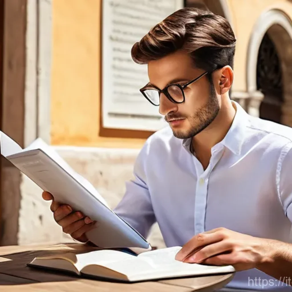 레저산업기사 필기 공부법 - **Prompt:** A photorealistic image of a young Italian professional, in their late 20s, intently stud...