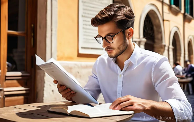 레저산업기사 필기 공부법 - **Prompt:** A photorealistic image of a young Italian professional, in their late 20s, intently stud...