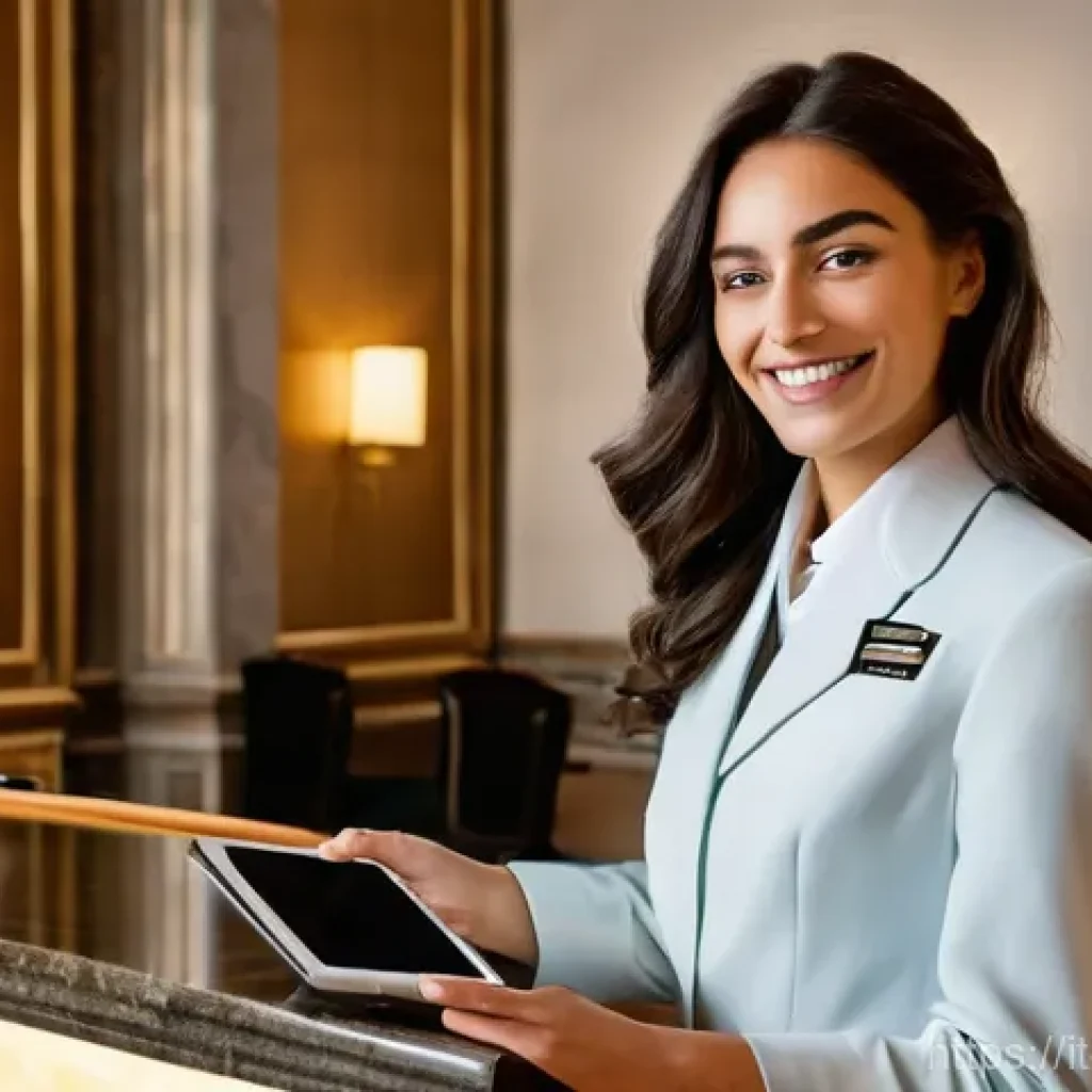 레저산업기사 자격증의 산업별 수요 - **Prompt:** A young, impeccably dressed Italian female concierge, with a warm and inviting smile, st...