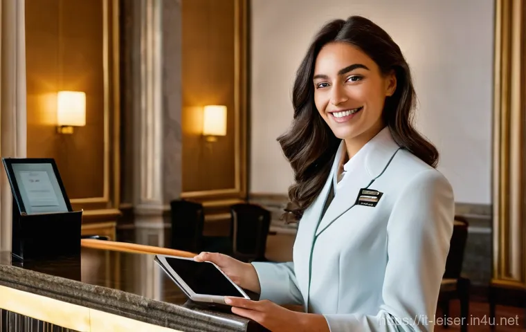 레저산업기사 자격증의 산업별 수요 - **Prompt:** A young, impeccably dressed Italian female concierge, with a warm and inviting smile, st...