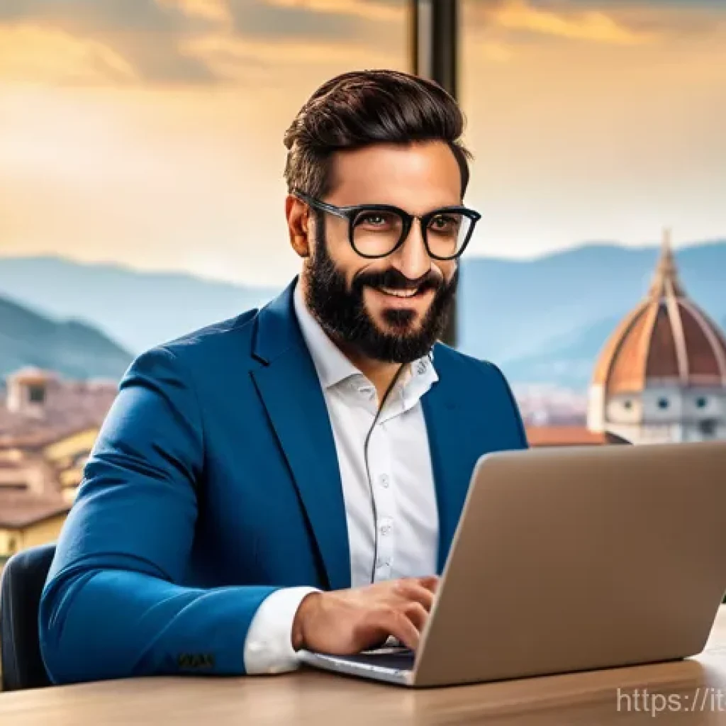 레저산업기사 취득 후 경력개발 방법 - A professional Italian individual, mid-20s to late-30s, dressed in smart casual attire, sits at a mo...