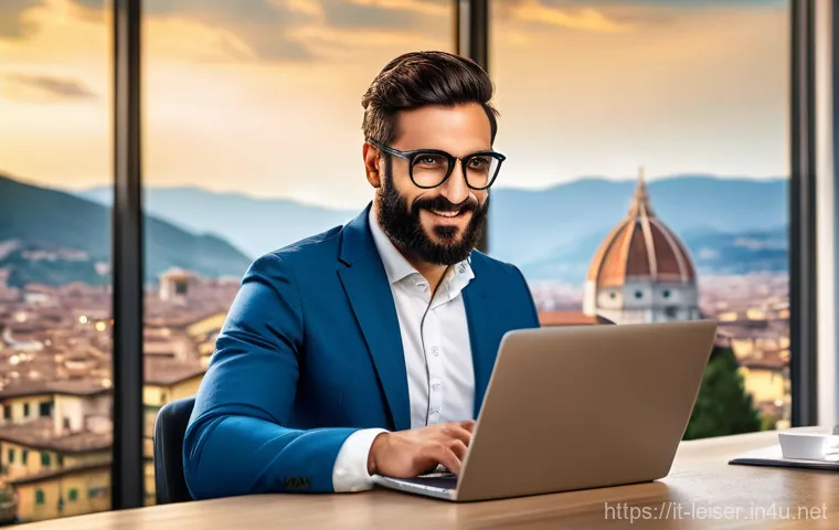 레저산업기사 취득 후 경력개발 방법 - A professional Italian individual, mid-20s to late-30s, dressed in smart casual attire, sits at a mo...