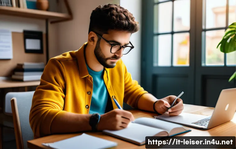 레저산업기사 실기 시험 준비 꿀팁 - A focused Italian student studying at a modern desk with neatly organized books, colorful flashcards...
