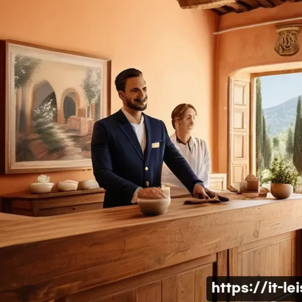 레저산업 실무에서 중요한 소프트 스킬 - A warm and inviting wellness spa reception scene in Italy, featuring a friendly male staff member at...