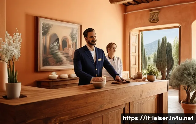 레저산업 실무에서 중요한 소프트 스킬 - A warm and inviting wellness spa reception scene in Italy, featuring a friendly male staff member at...