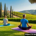 Home 22 레저산업기사 이직 성공 전략 - A vibrant outdoor wellness scene in a lush Italian park during golden hour, featuring a diverse grou...