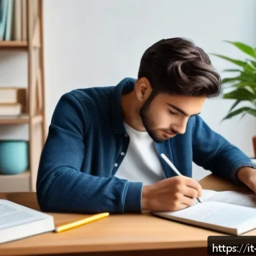 Home 32 레저산업기사 실기 시험 준비 팁 - A focused young adult studying at a tidy desk in a cozy, well-lit room with Italian-style decor; the...