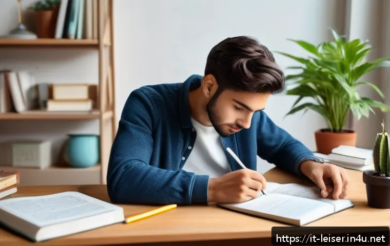 레저산업기사 실기 시험 준비 팁 - A focused young adult studying at a tidy desk in a cozy, well-lit room with Italian-style decor; the...