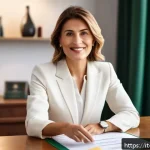 Home 18 레저산업기사 자격증 취득 후 연봉 협상 - A professional businesswoman in a modern Italian office setting, confidently presenting a portfolio ...