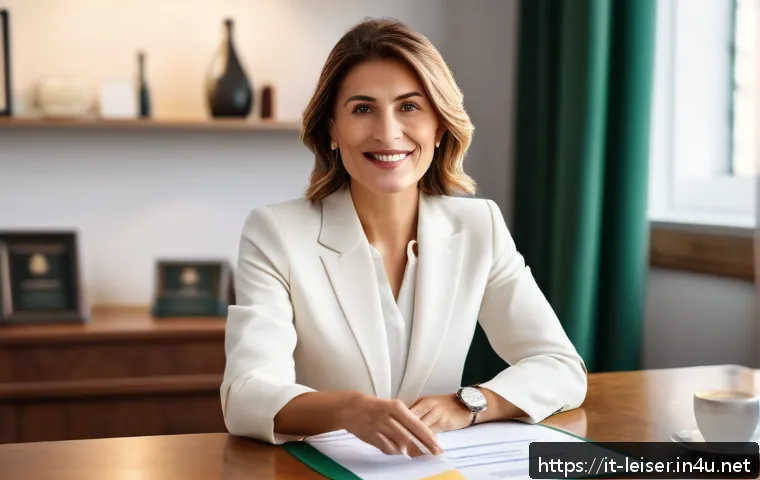 레저산업기사 자격증 취득 후 연봉 협상 - A professional businesswoman in a modern Italian office setting, confidently presenting a portfolio ...