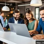 Home 23 레저산업기사 자격증 관련 커뮤니티 소개 - A professional networking scene set in a modern Italian coworking space, featuring diverse adults en...
